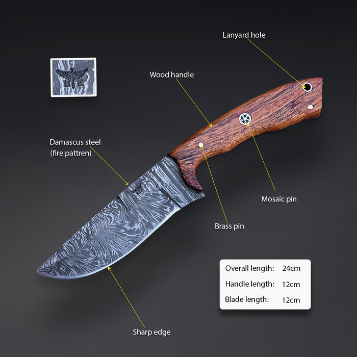 Wilderness Guardian – Handcrafted Damascus Hunting Knife with Rosewood Handle, 9.5" Fixed Blade with Premium Sheath