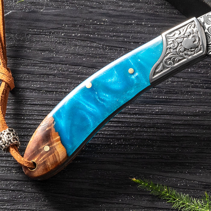 The Voyager – Damascus Folding Pocket Knife with Walnut Resin Handle | Exclusive Handmade EDC Knife