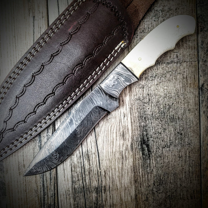 HTN-6G Grooved Hunting Damascus Knife // Handmade / Custom / Forged  / Curved Micarta Handle/ Survival Tool / Bushcraft / Field / Skinner - HomeTown Knives