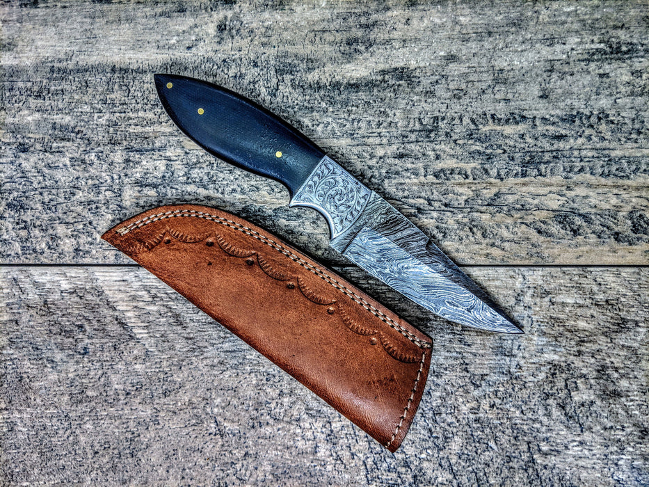 HTSE-20 / Damascus Skinner / HAND ENGRAVED Bolster / Exceptional Art / Hometown Knives / Metal Engraving