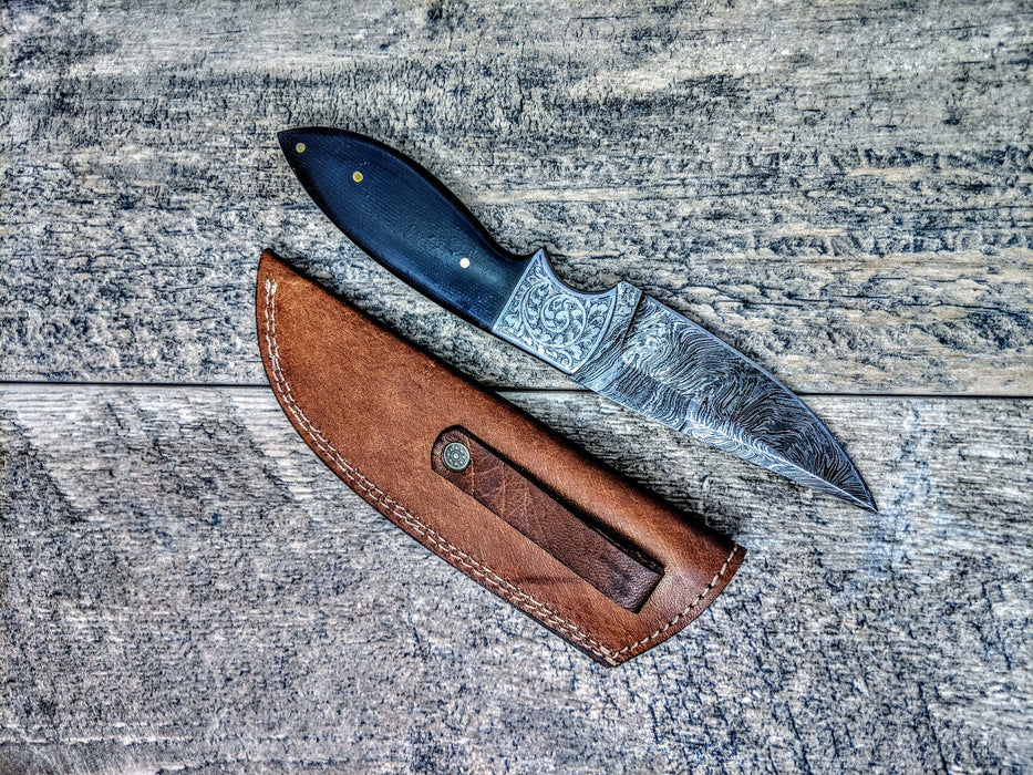 HTSE-20 / Damascus Skinner / HAND ENGRAVED Bolster / Exceptional Art / Hometown Knives / Metal Engraving