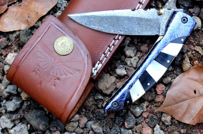 HTK-245 Damascus Knife custom handmade Folder / Buffalo Horn handle / Damascus bolsters - HomeTown Knives